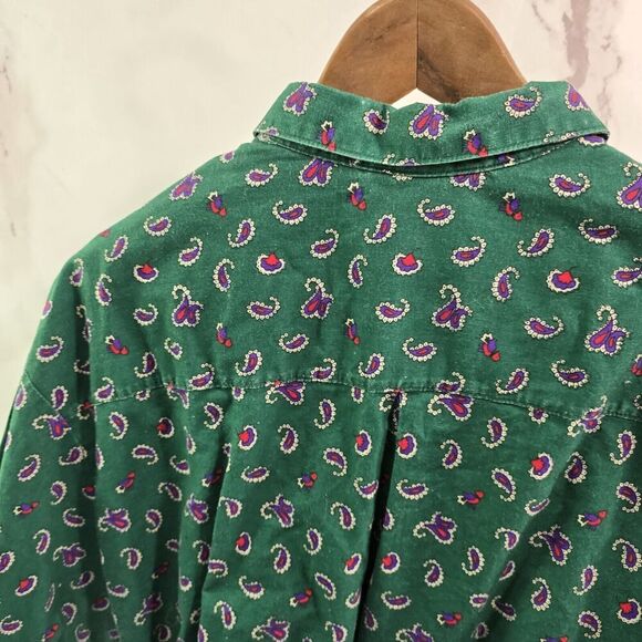 Vintage Shirt Womens XL Green Button Up Paisley Pink Long Sleeve 90s Emerald - Picture 6 of 11